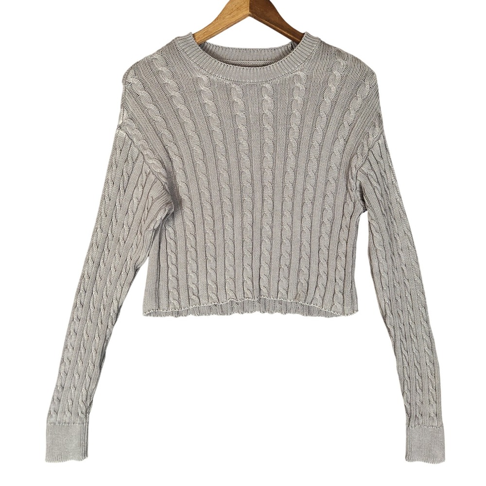 Aerie Sweater Small Gray Cable Knit Cropped Long Sleeve Cotton Pullover